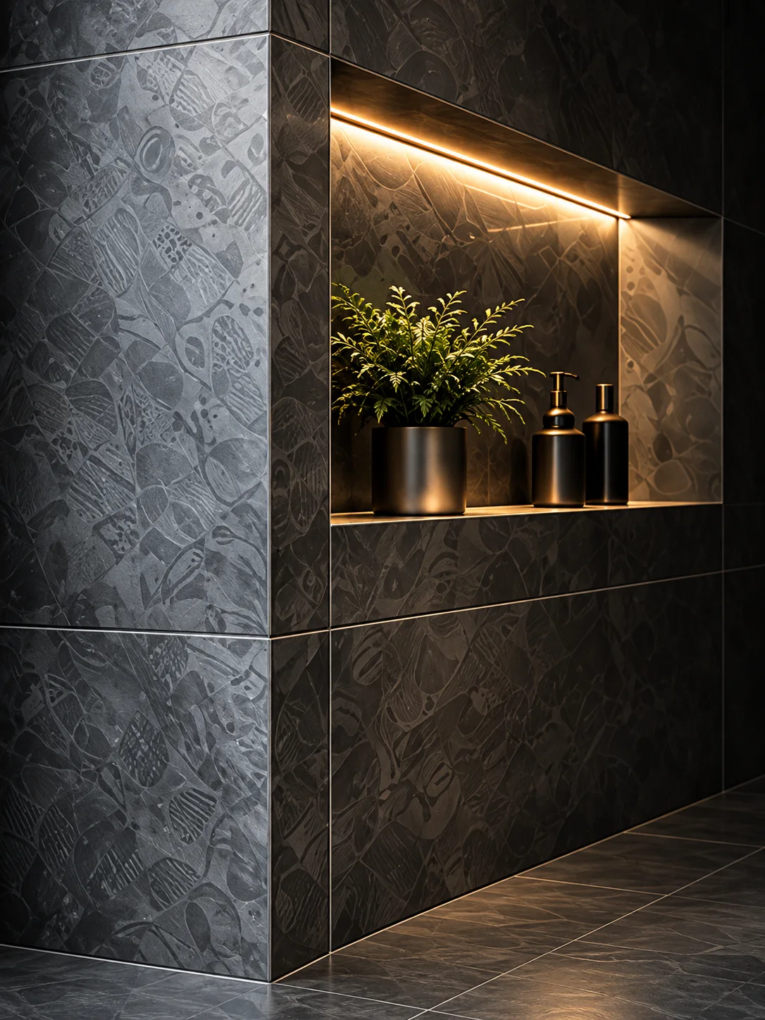 Illustrative patterned grey bathroom tiles surrounding a warmly illuminated niche